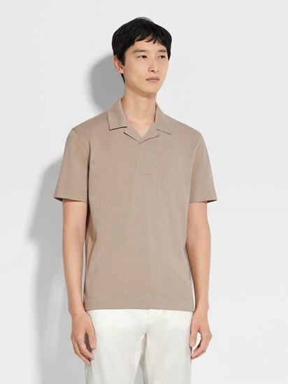 Light Taupe Silk and Cotton Piquet Polo Shirt SS25 32401756
