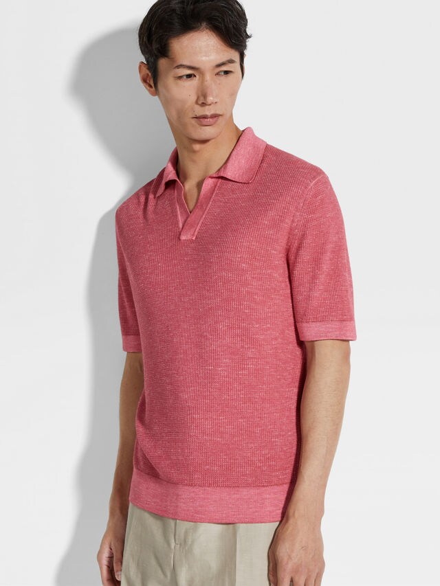 Fuchsia Mélange Silk Cashmere and Linen Polo Shirt Product detail photo #2