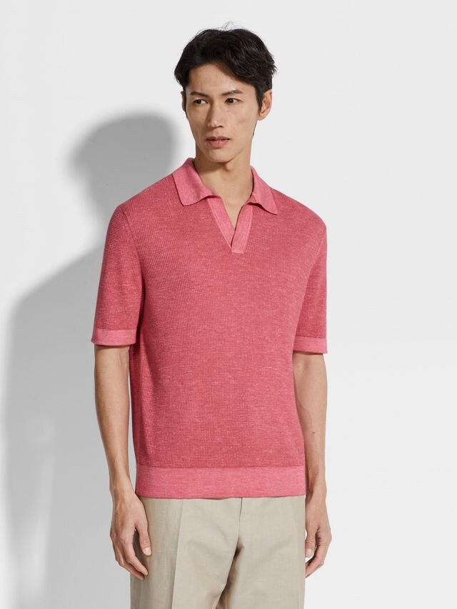 Fuchsia Mélange Silk Cashmere and Linen Polo Shirt Product detail photo #3