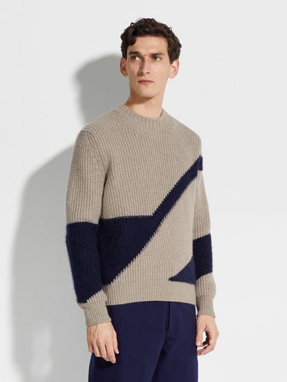 ライトトープ&インクブルー カシミヤ&シルク クルーネック FW24 ライトトープ&インクブルー カシミヤ&シルク クルーネック FW24
