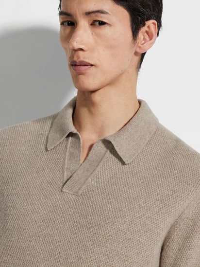 Light Taupe Mélange Oasi Cashmere Polo Shirt FW24 31835402 Light Taupe Mélange Oasi Cashmere Polo Shirt FW24 31835402