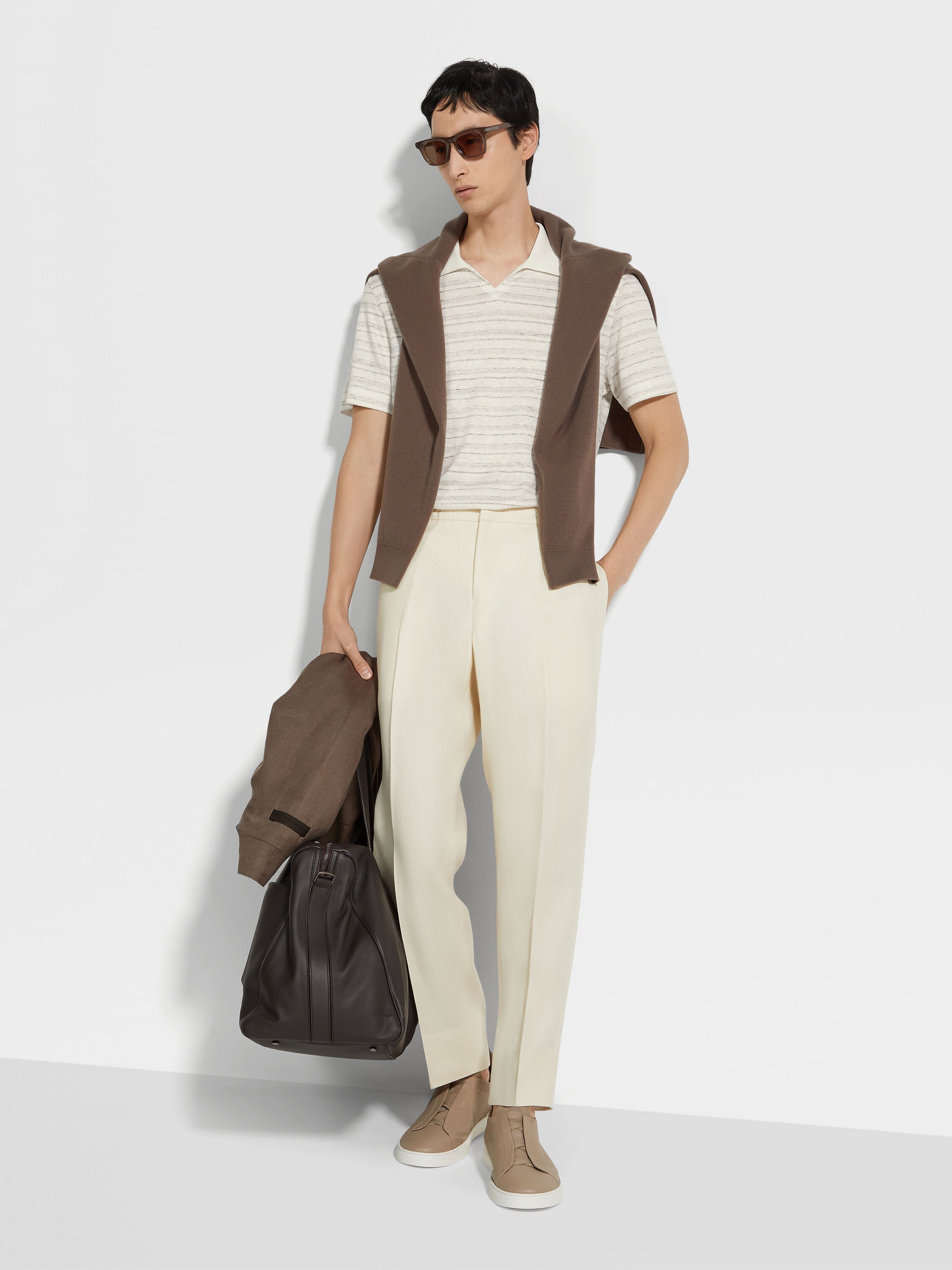 White and Dark Taupe Linen and Silk Blend Polo Shirt Product detail photo #2