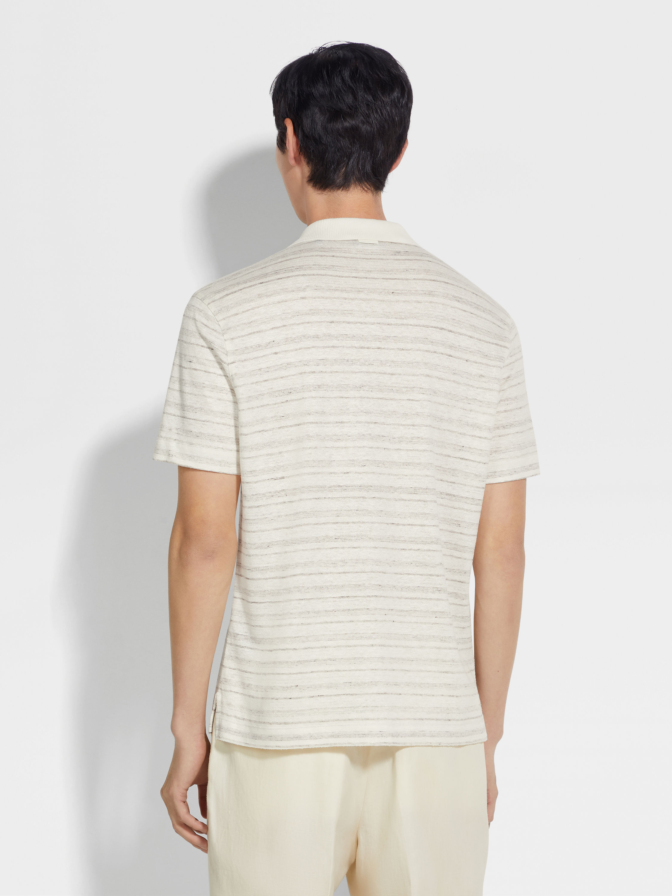 White and Dark Taupe Linen and Silk Blend Polo Shirt Product detail photo #4