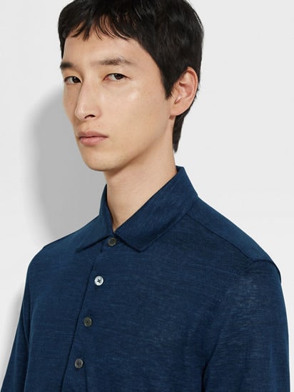 Navy Blue Oasi Lino Polo Shirt SS25 34239680 | Zegna ROW