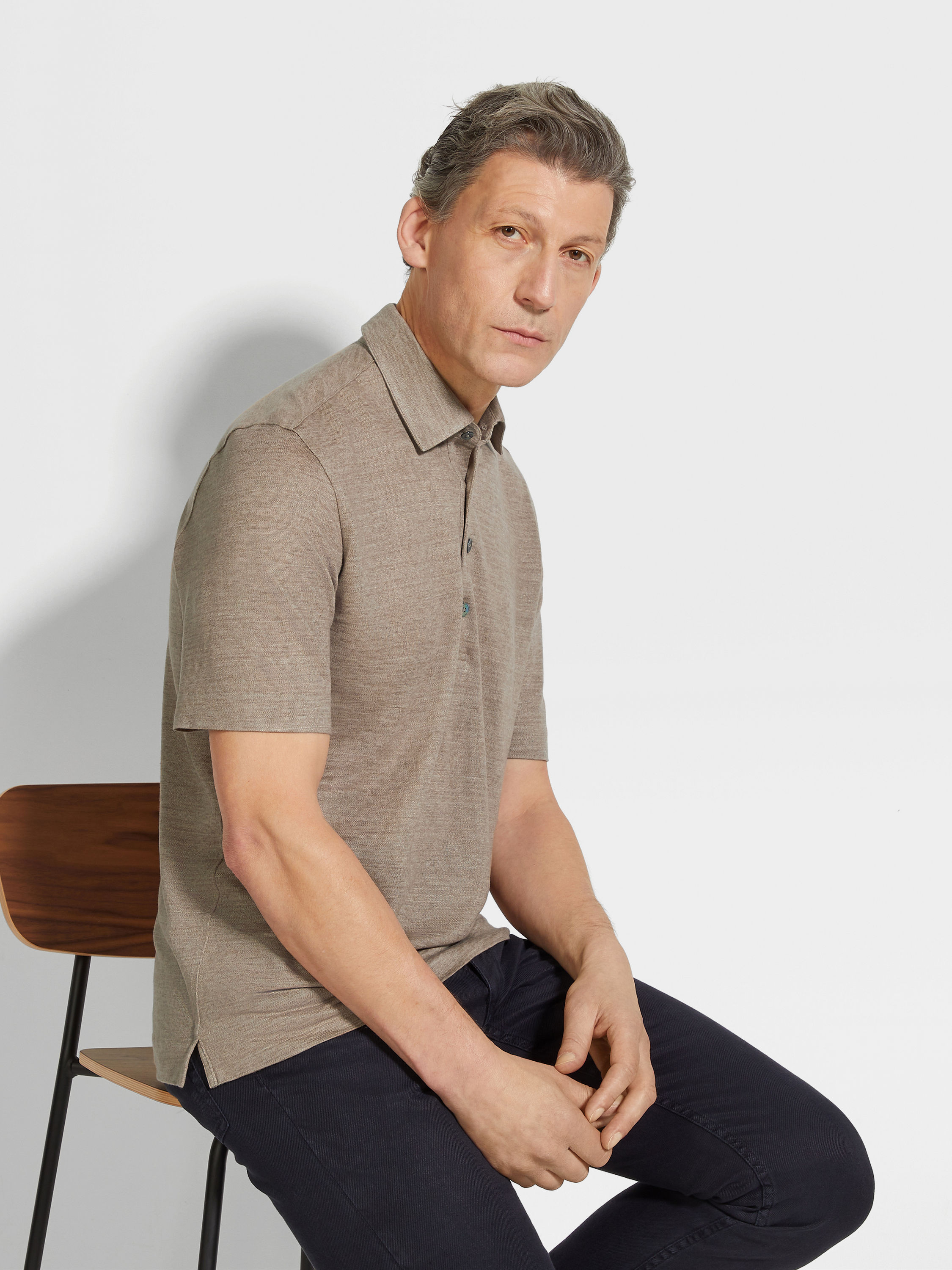 Light Taupe Oasi Lino Polo Shirt Product detail photo #2