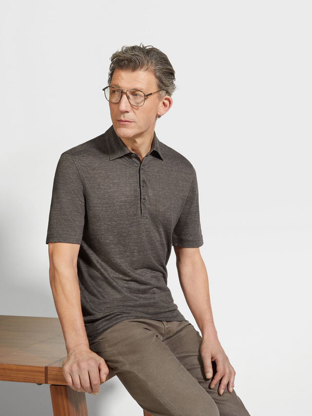 Dark Taupe Oasi Lino Polo Shirt Product detail photo #2