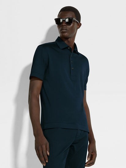 Dark Teal Blue Leggerissimo Cotton and Silk Polo Shirt SS25