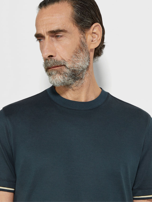 Dark Teal Blue Cotton and Silk T-shirt Product detail photo #1