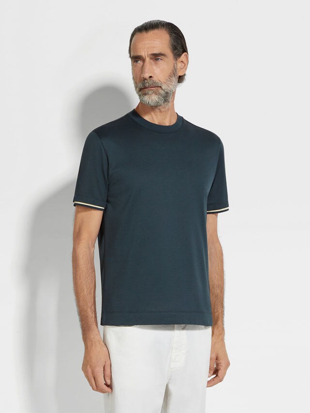 Dark Teal Blue Cotton and Silk T-shirt Product detail photo #3
