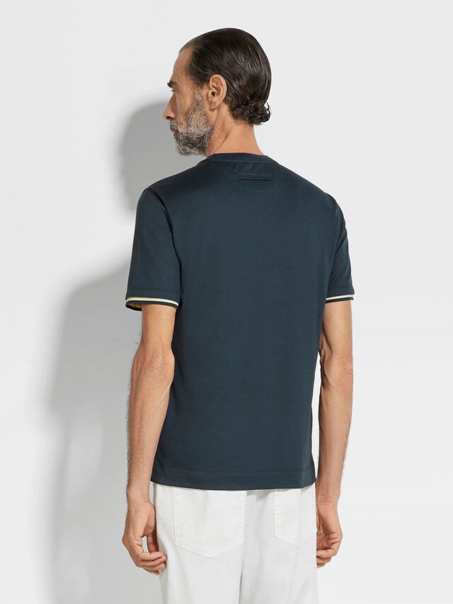 Dark Teal Blue Cotton and Silk T-shirt Product detail photo #4