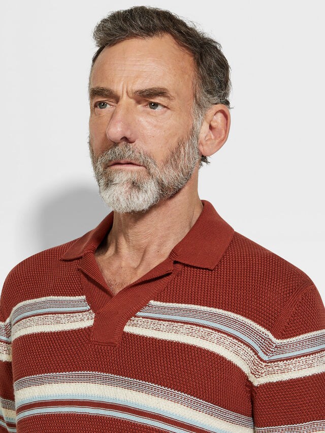 Brick Red Light Blue and White Cotton and Silk Polo Shirt Product detail photo #1