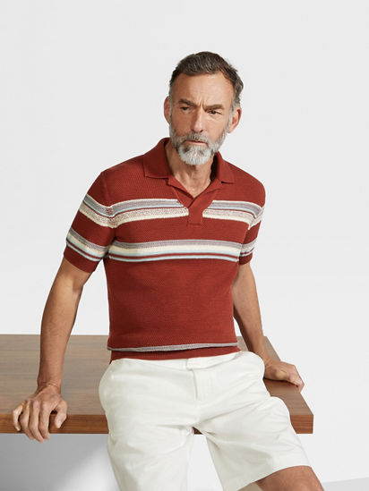 Brick Red Light Blue and White Cotton and Silk Polo Shirt