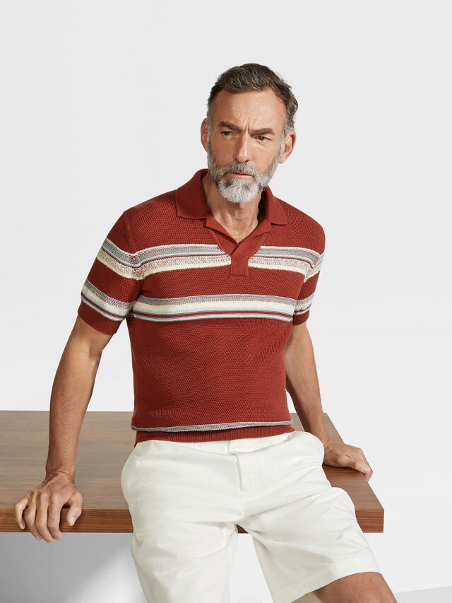 Brick Red Light Blue and White Cotton and Silk Polo Shirt Product detail photo #2