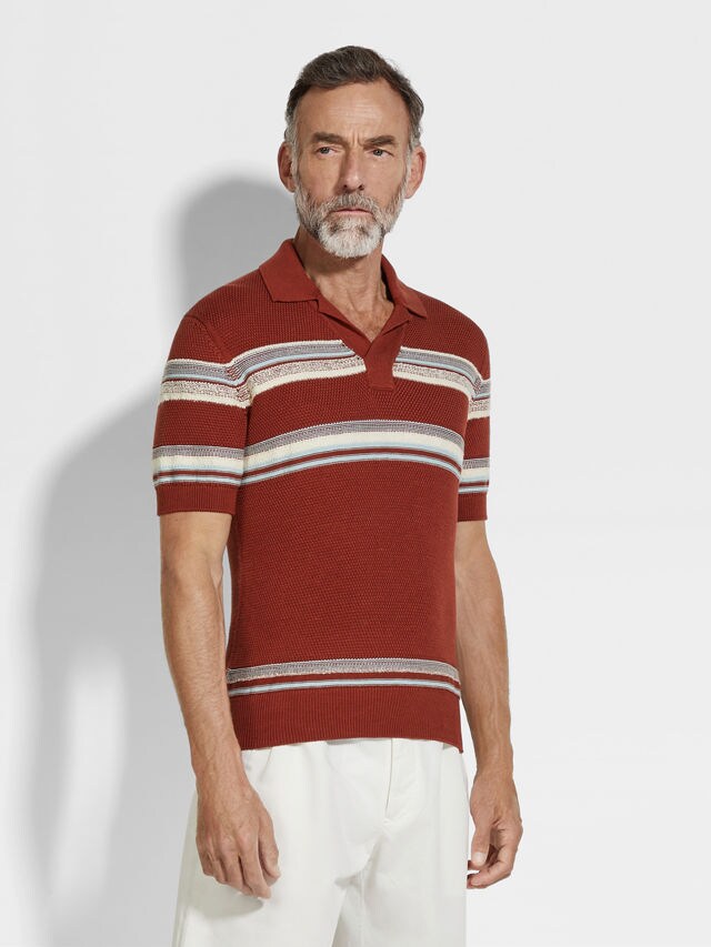 Brick Red Light Blue and White Cotton and Silk Polo Shirt Product detail photo #3