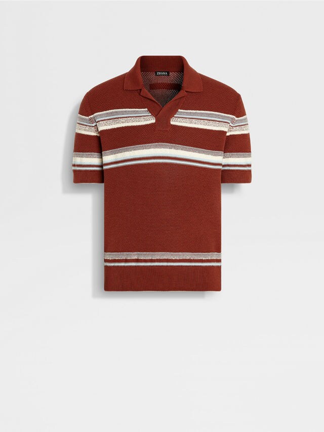 Brick Red Light Blue and White Cotton and Silk Polo Shirt Main product photo