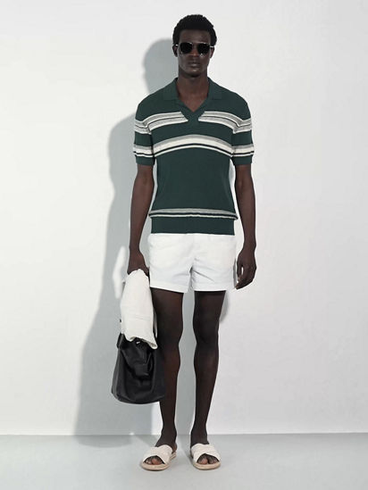 Dark Teal Blue Light Yellow and White Cotton and Silk Polo