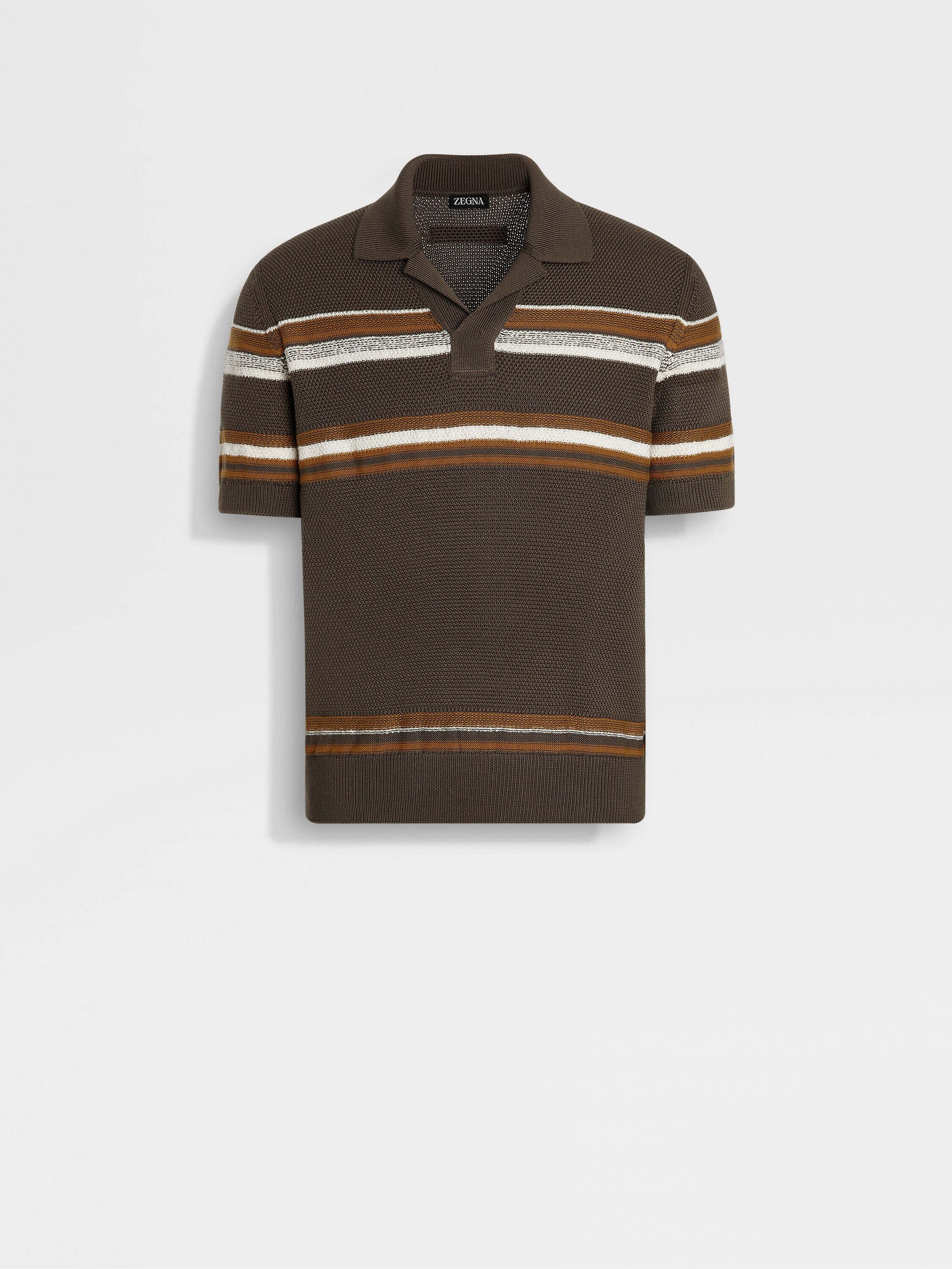 Dark Taupe Ochre and White Cotton and Silk Polo Shirt Main product photo