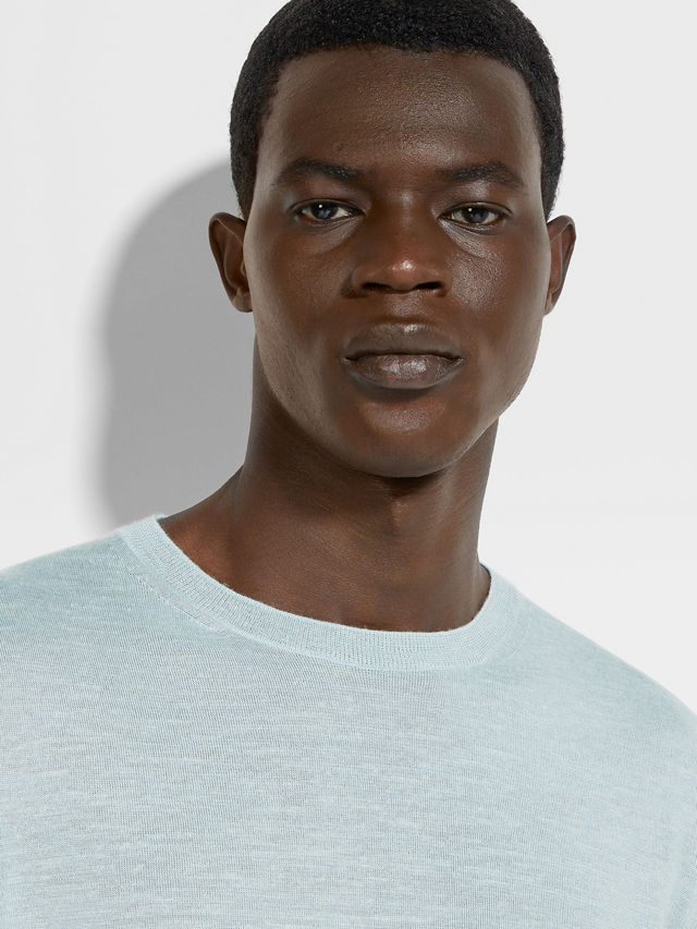 Light Blue Mélange Silk Cashmere and Linen Crewneck Product detail photo #1