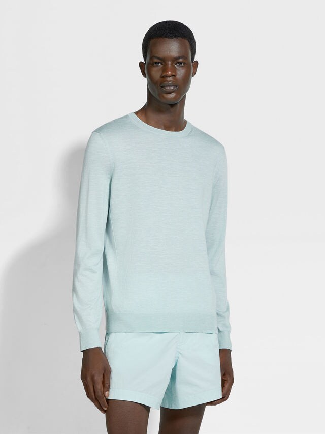 Light Blue Mélange Silk Cashmere and Linen Crewneck Product detail photo #3
