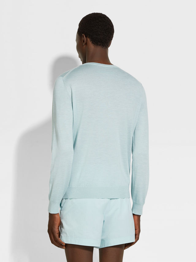 Light Blue Mélange Silk Cashmere and Linen Crewneck Product detail photo #4