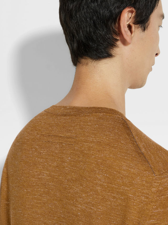 Ochre Mélange Silk Cashmere and Linen Crewneck Product detail photo #1