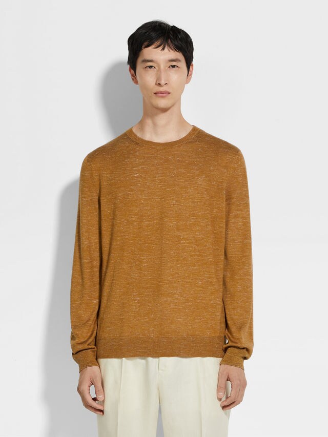Ochre Mélange Silk Cashmere and Linen Crewneck Product detail photo #3