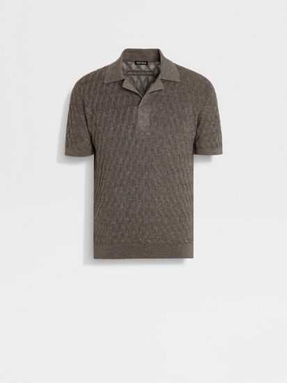 Dark Taupe Mélange Silk Cashmere and Linen Polo Shirt SS25