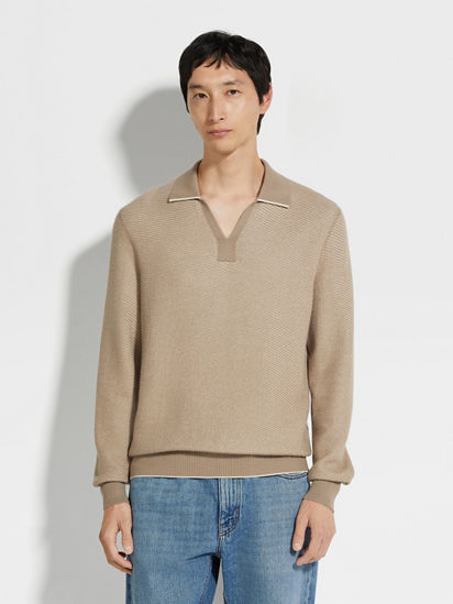 Light Taupe Silk and Cashmere Polo Shirt SS25 33705504 Light Taupe Silk and Cashmere Polo Shirt SS25 33705504