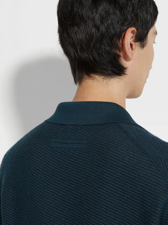 Dark Teal Blue Silk and Cashmere Polo Shirt Product detail photo #1
