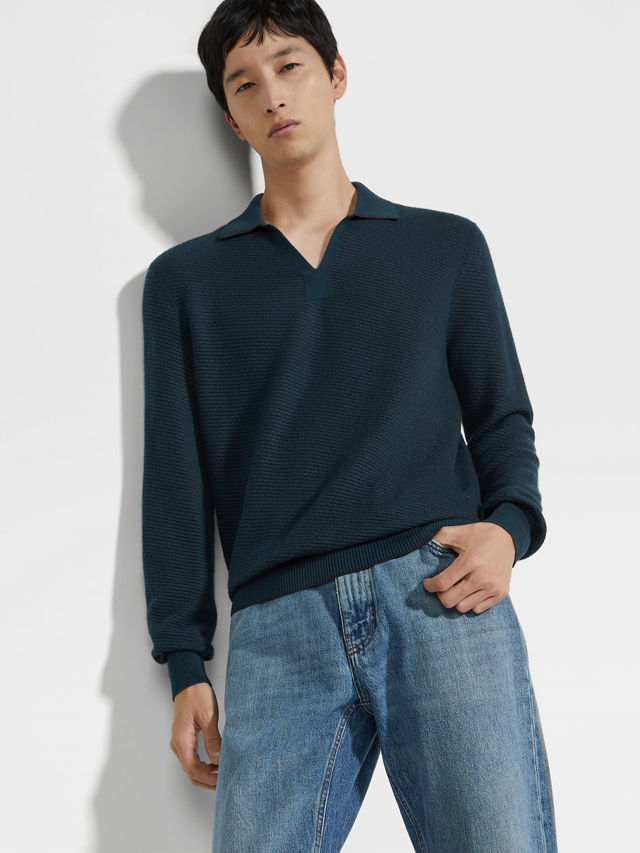 Dark Teal Blue Silk and Cashmere Polo Shirt Product detail photo #2