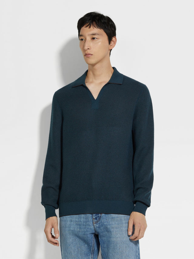 Dark Teal Blue Silk and Cashmere Polo Shirt Product detail photo #3