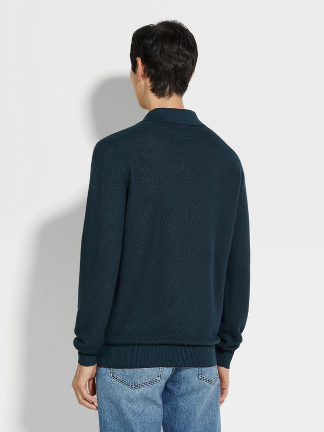 Dark Teal Blue Silk and Cashmere Polo Shirt Product detail photo #4
