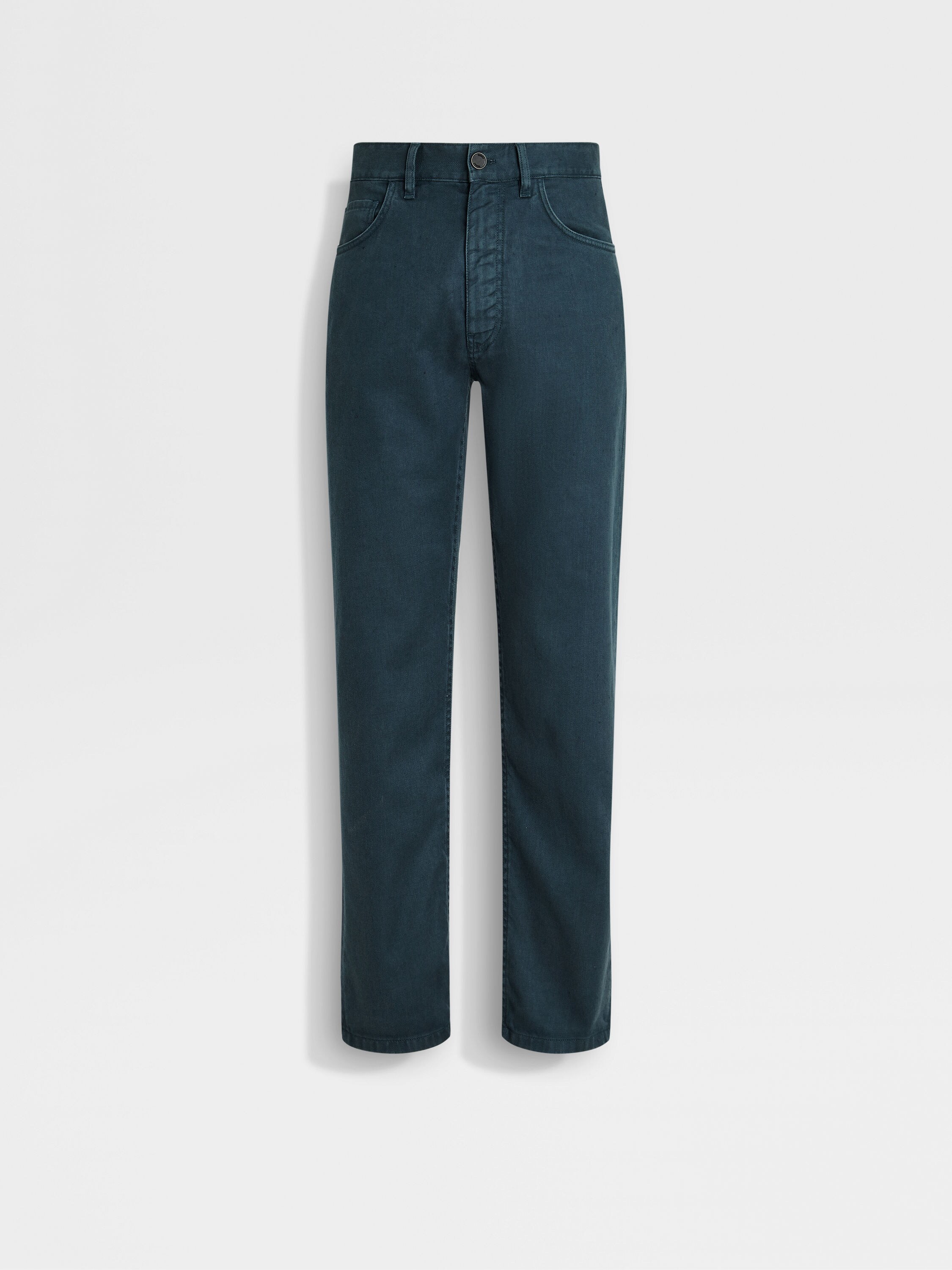 Dark Teal Blue Stretch Linen and Cotton Roccia Jeans Main product photo