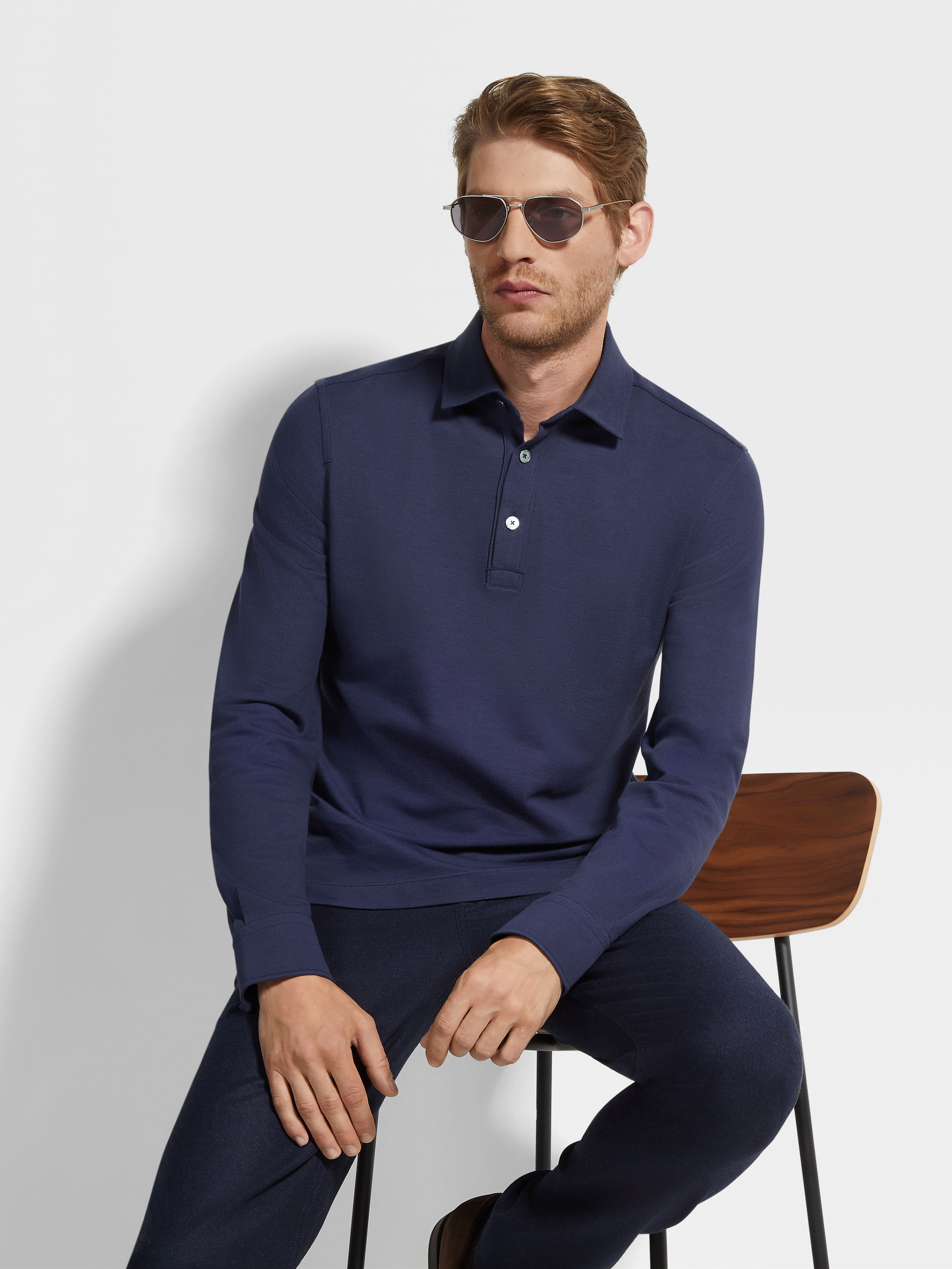 Ink Blue Cotton Piquet Polo Shirt Product detail photo #2