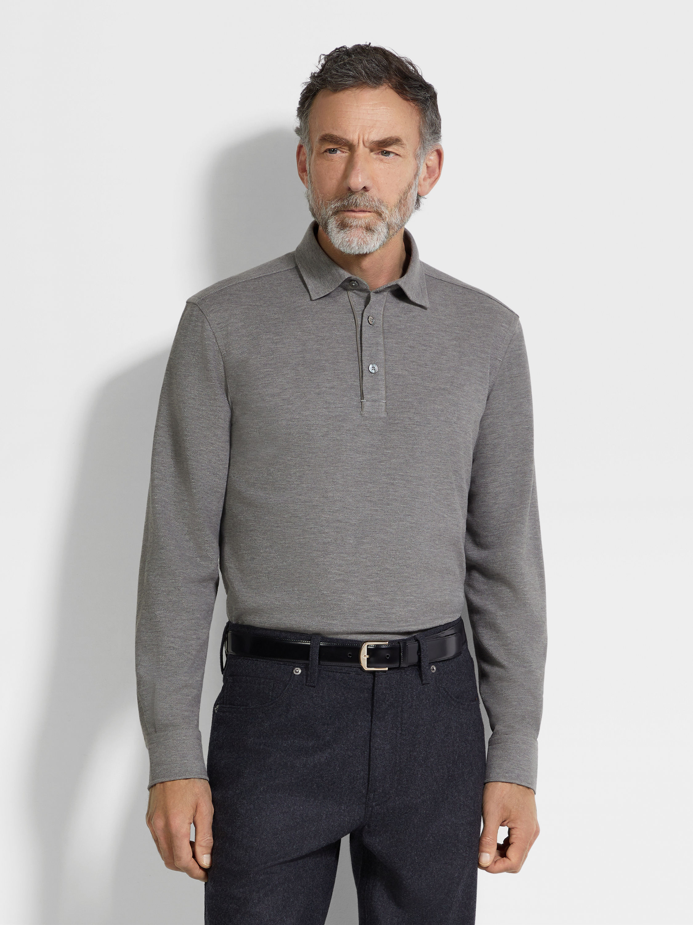Grey Mélange Cotton Piquet Polo Shirt Product detail photo #2