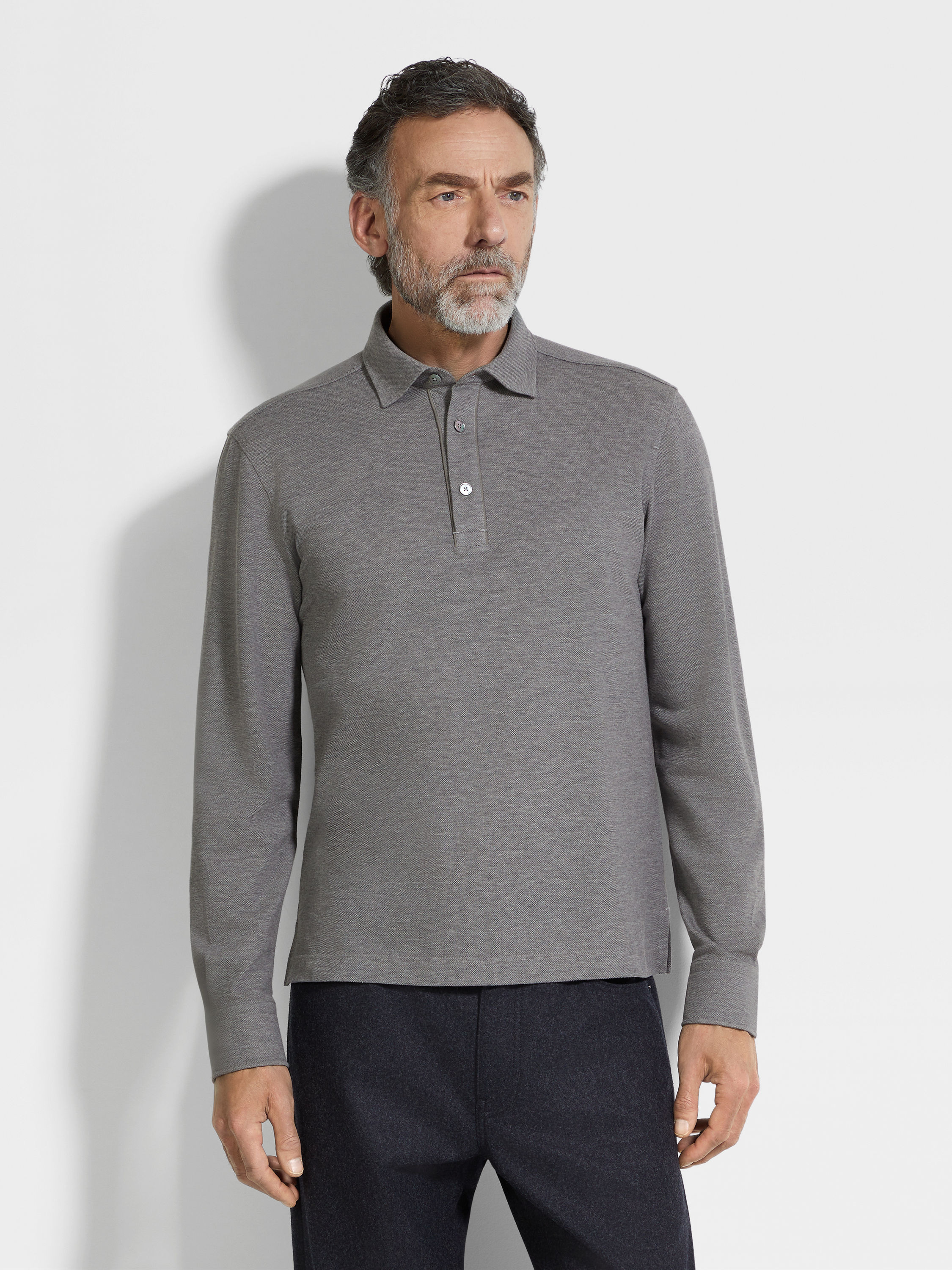 Grey Mélange Cotton Piquet Polo Shirt Product detail photo #3