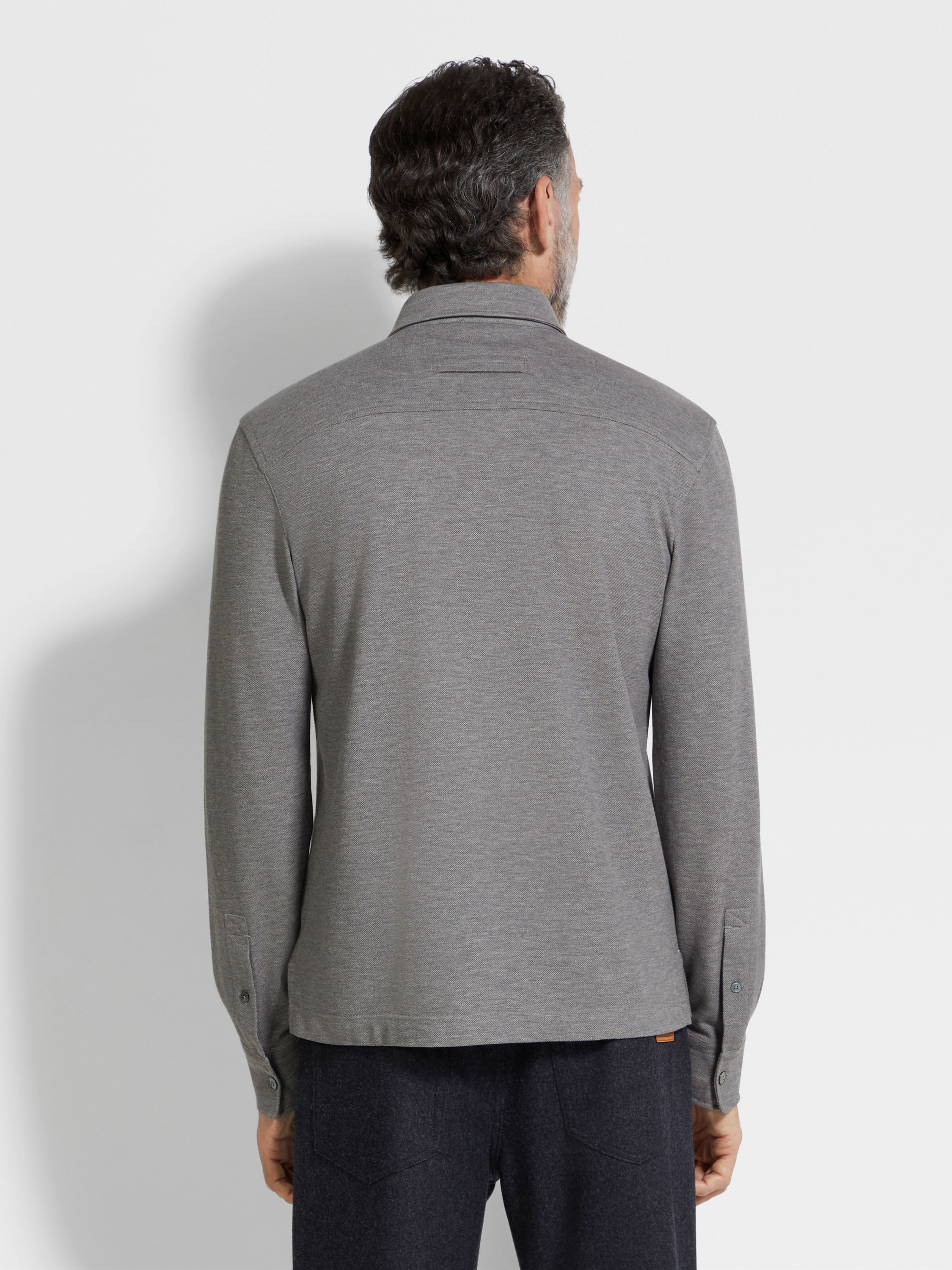 Grey Mélange Cotton Piquet Polo Shirt Product detail photo #4