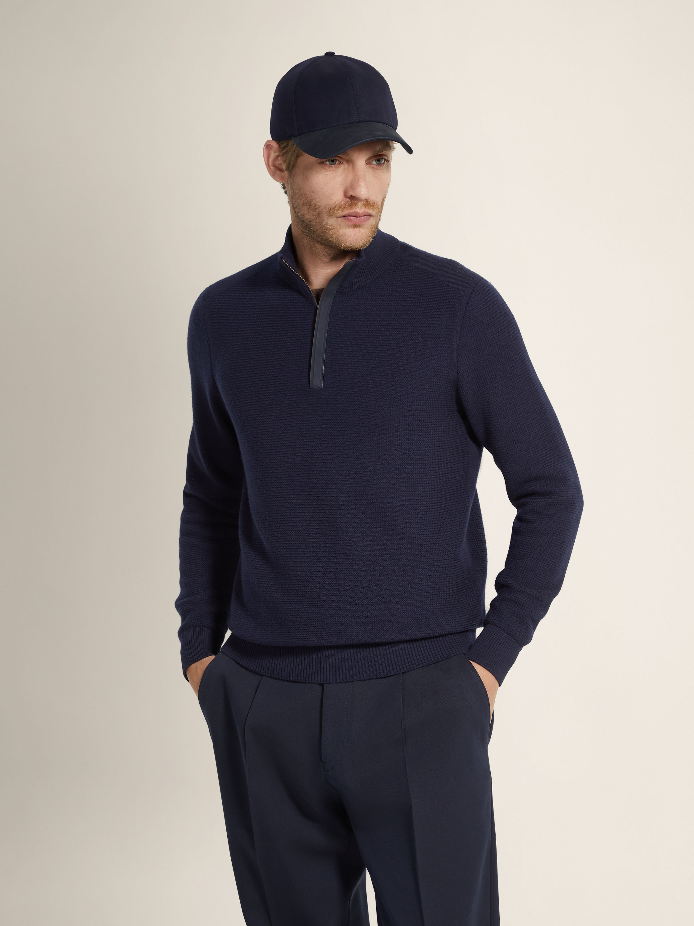 Navy Blue Vellus Aureum Zip Mock Neck Product detail photo #2