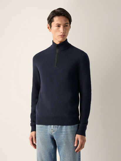 Navy Blue Vellus Aureum Zip Mock Neck Sweater FW26 35514843 | Zegna MX