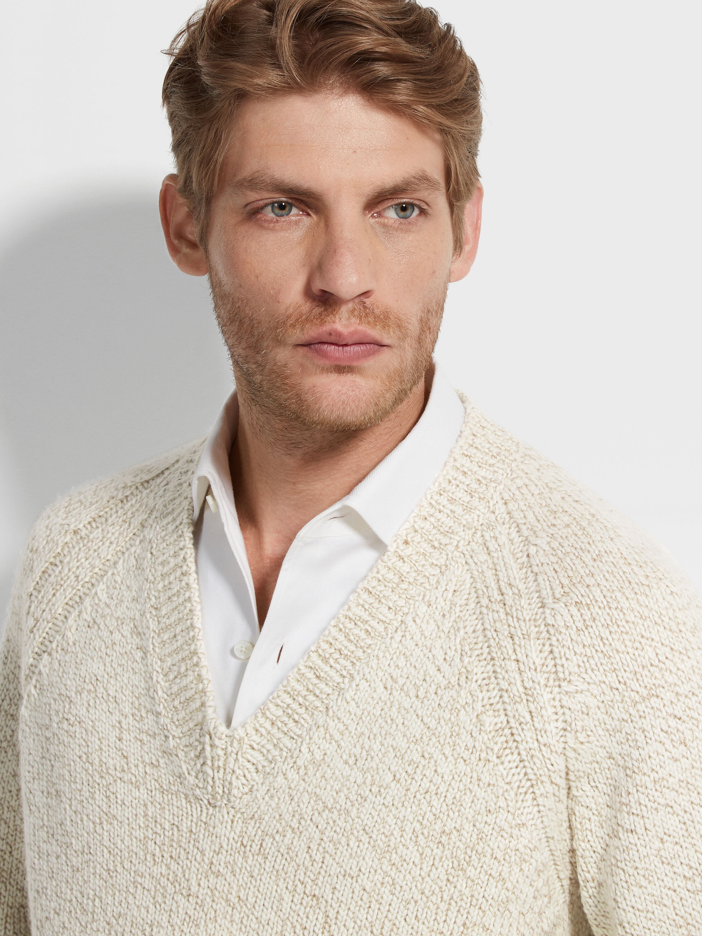 Light Taupe and White Mélange Cashmere and Wool V-Neck Product detail photo #1