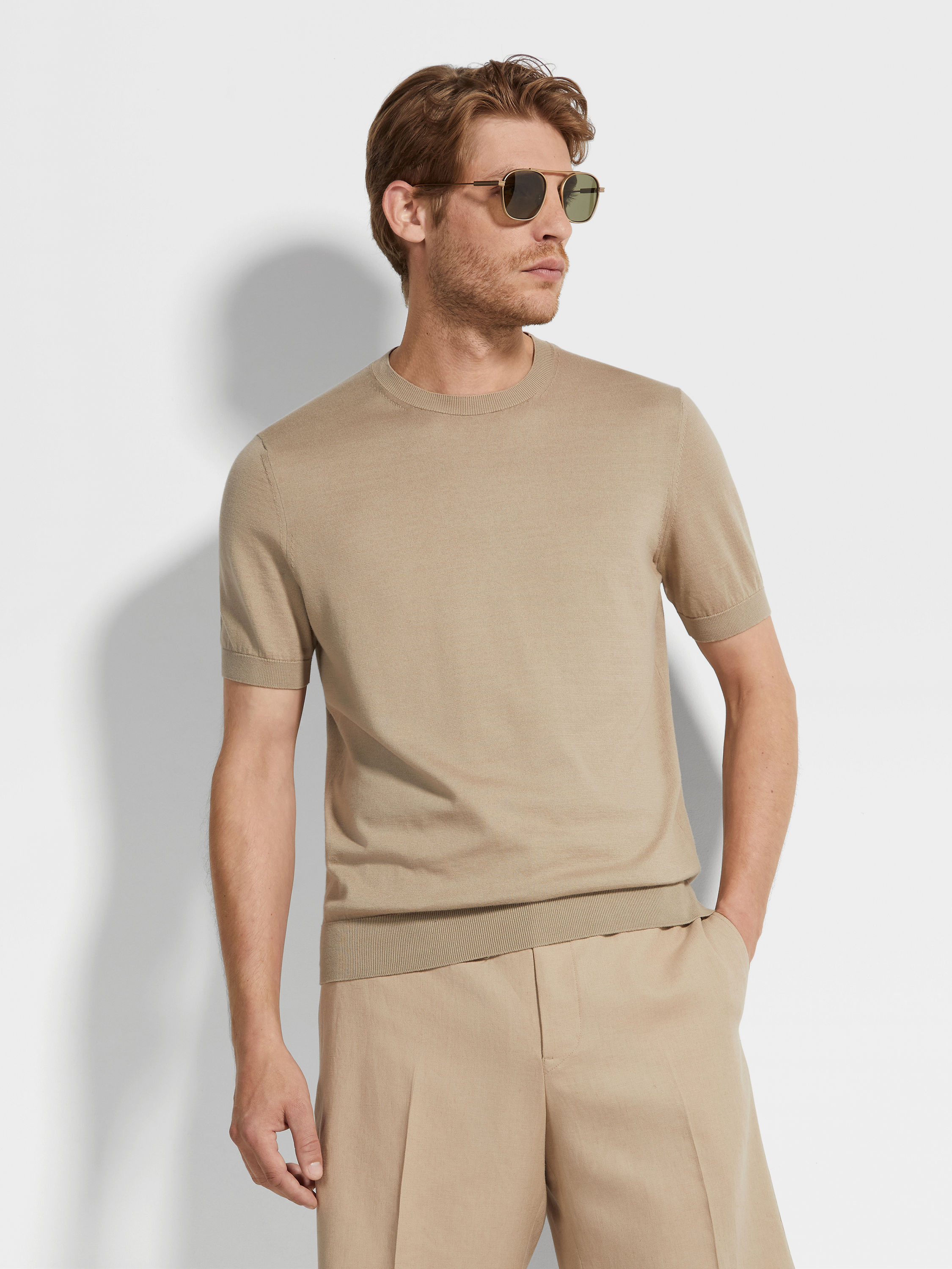 Light Taupe Mélange Premium Cotton T-shirt Product detail photo #2