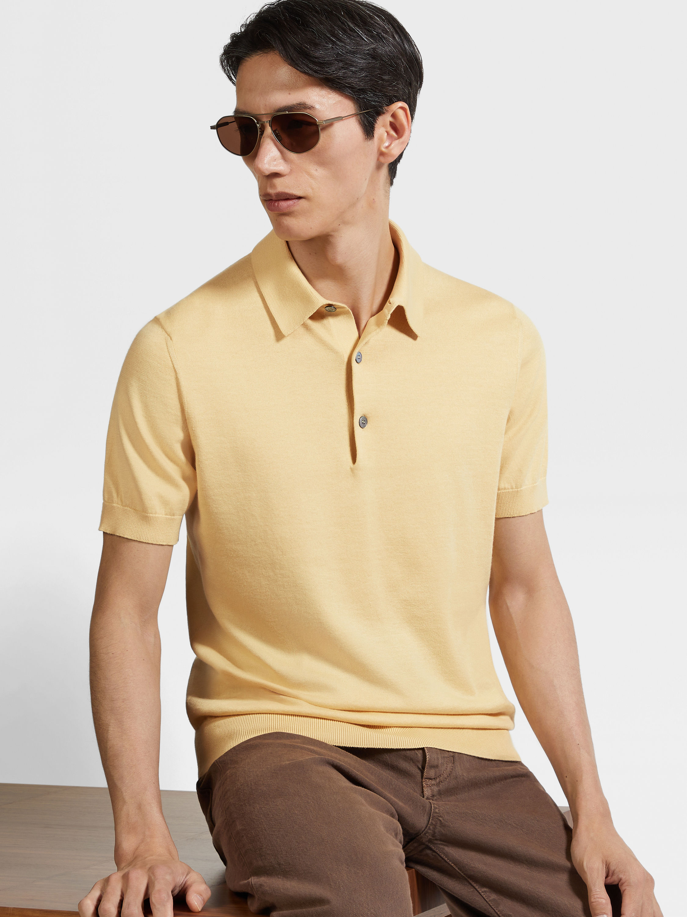 Pastel Yellow Mélange Premium Cotton Polo Shirt Product detail photo #2