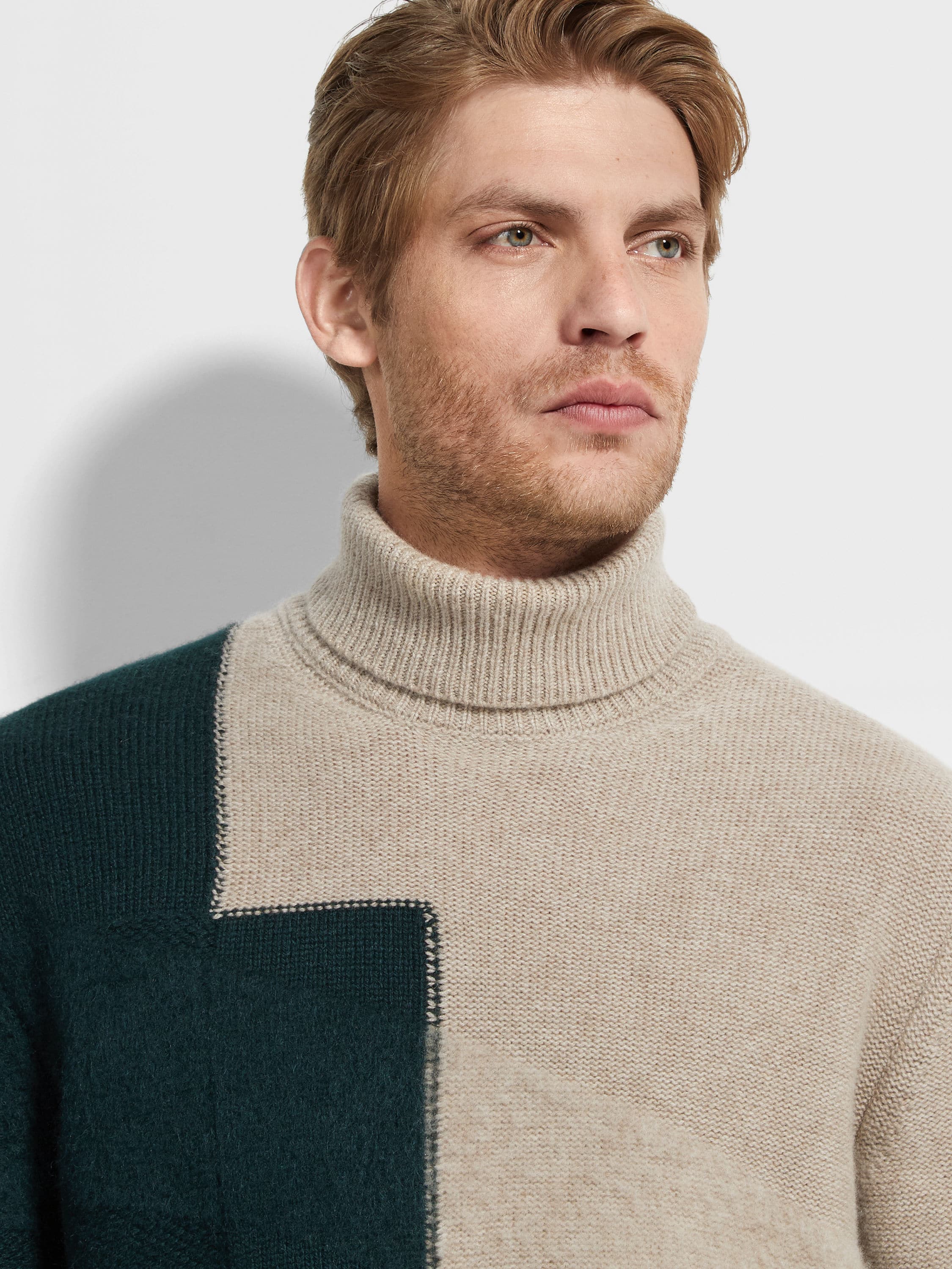 Light Taupe and Dark Green Cashmere and Mohair Turtleneck Product detail photo #1