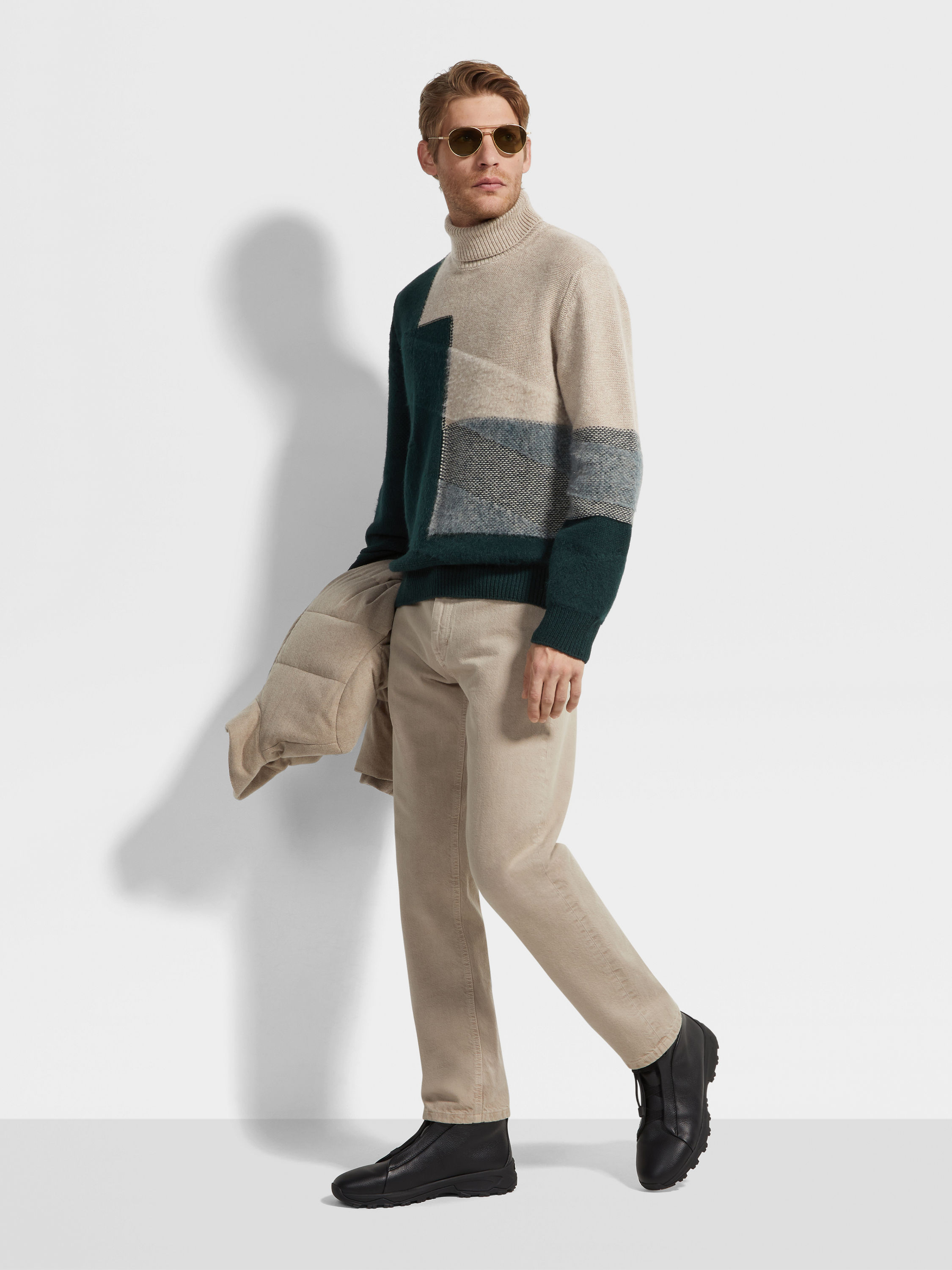 Light Taupe and Dark Green Cashmere and Mohair Turtleneck Product detail photo #2