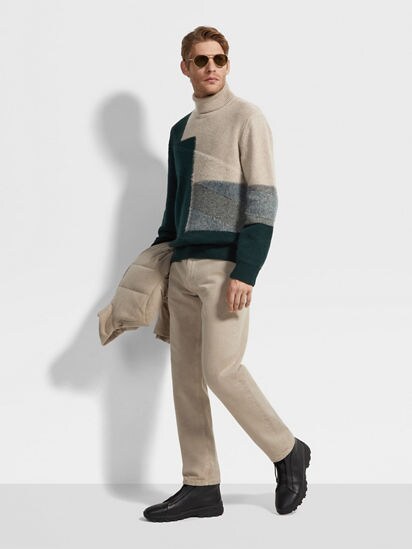 ライトトープカシミヤ&ダークグリーンカシミヤ&モヘア タートルネック