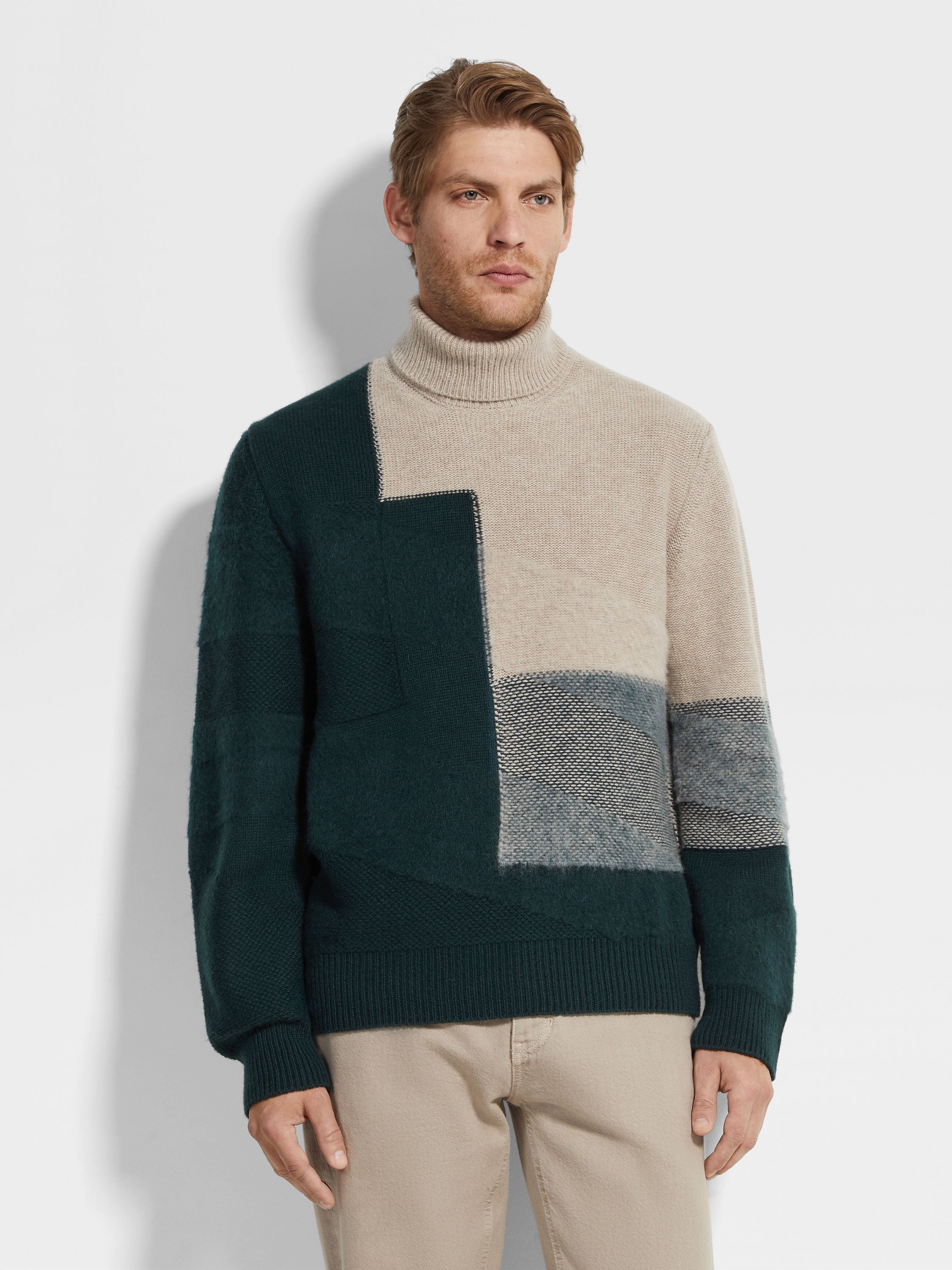 Light Taupe and Dark Green Cashmere and Mohair Turtleneck Product detail photo #3