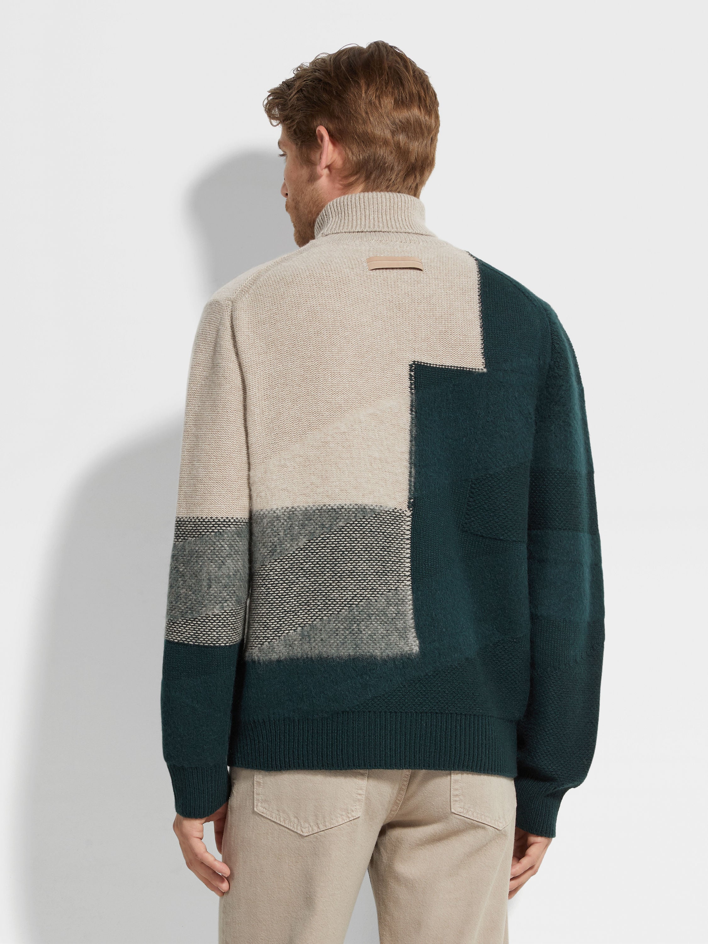 Light Taupe and Dark Green Cashmere and Mohair Turtleneck Product detail photo #4