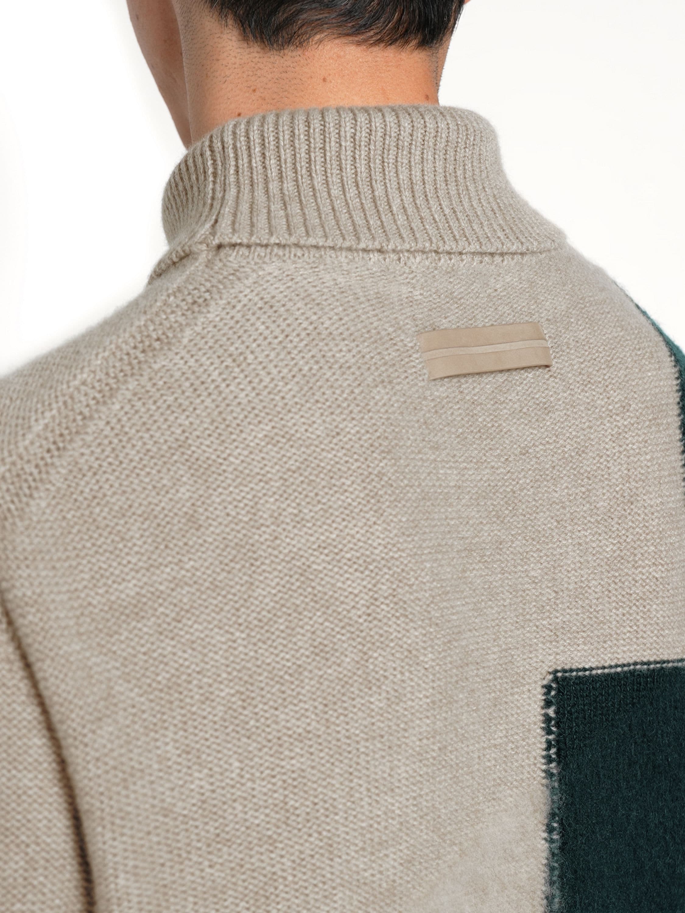 Light Taupe and Dark Green Cashmere and Mohair Turtleneck