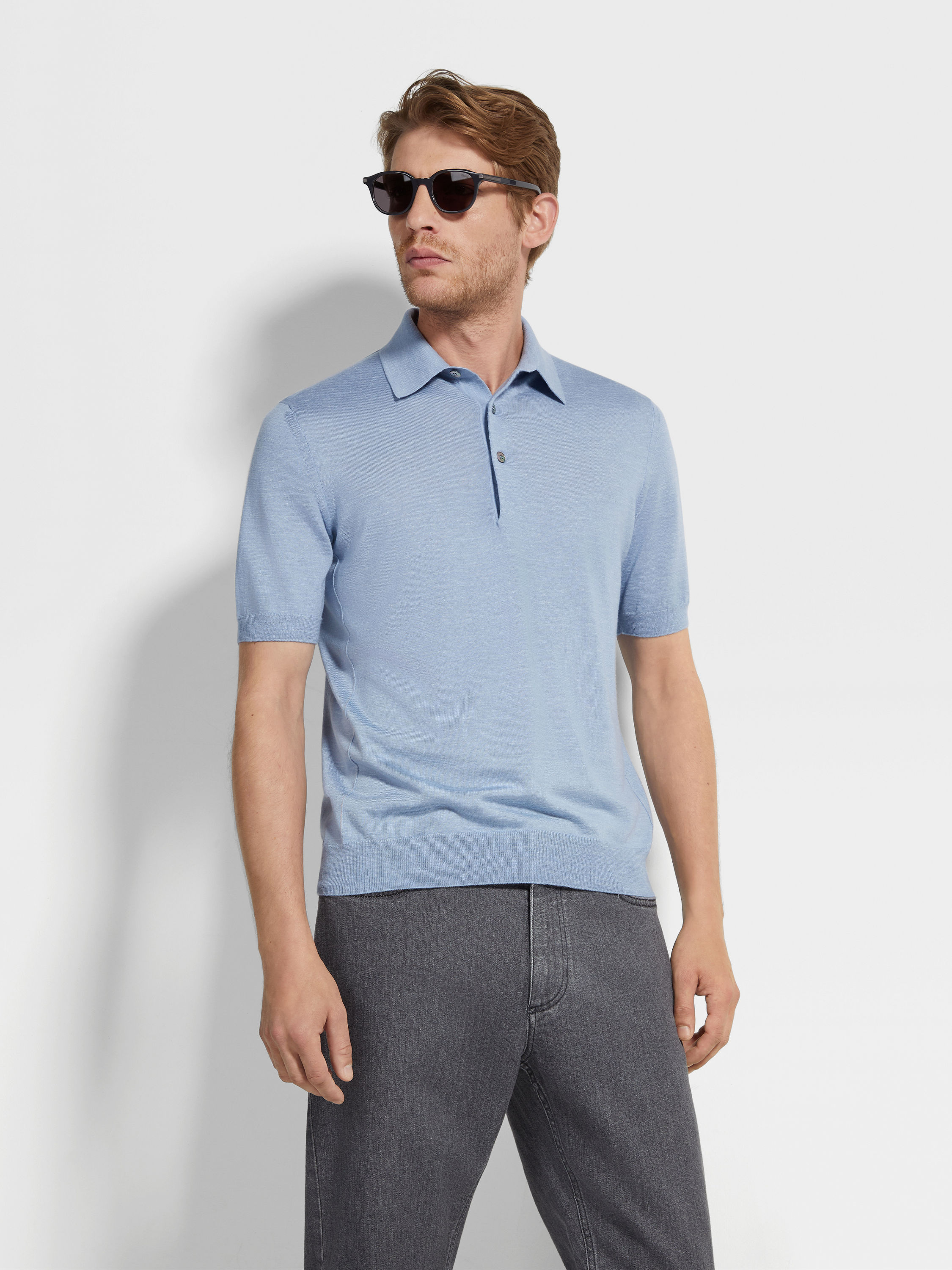 Light Blue Mélange Silk Cashmere and Linen Polo Shirt Product detail photo #2
