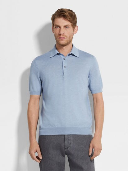 Light Blue Mélange Silk Cashmere and Linen Polo Shirt FW25
